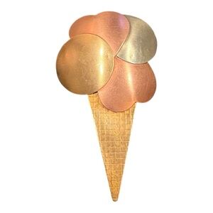 Ice Cream Cone Brooch Tri-Tone Gold Copper Silver Tone Retro Pin J23